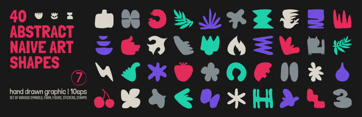 Aufkleber - Collection of various hand drawn bizarre abstract geometric unusual shapes, forms in matisse art style, Childish freehand aesthetic, Vector naive doodle primitive object and graphic elements, set 7