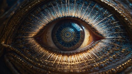 Intricate close-up of a mesmerizing eye with golden patterns, showcasing artistic details and deep blue colors in a surreal setting