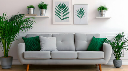 Poster - Grey Sofa Shelving Units Houseplants And Beautiful