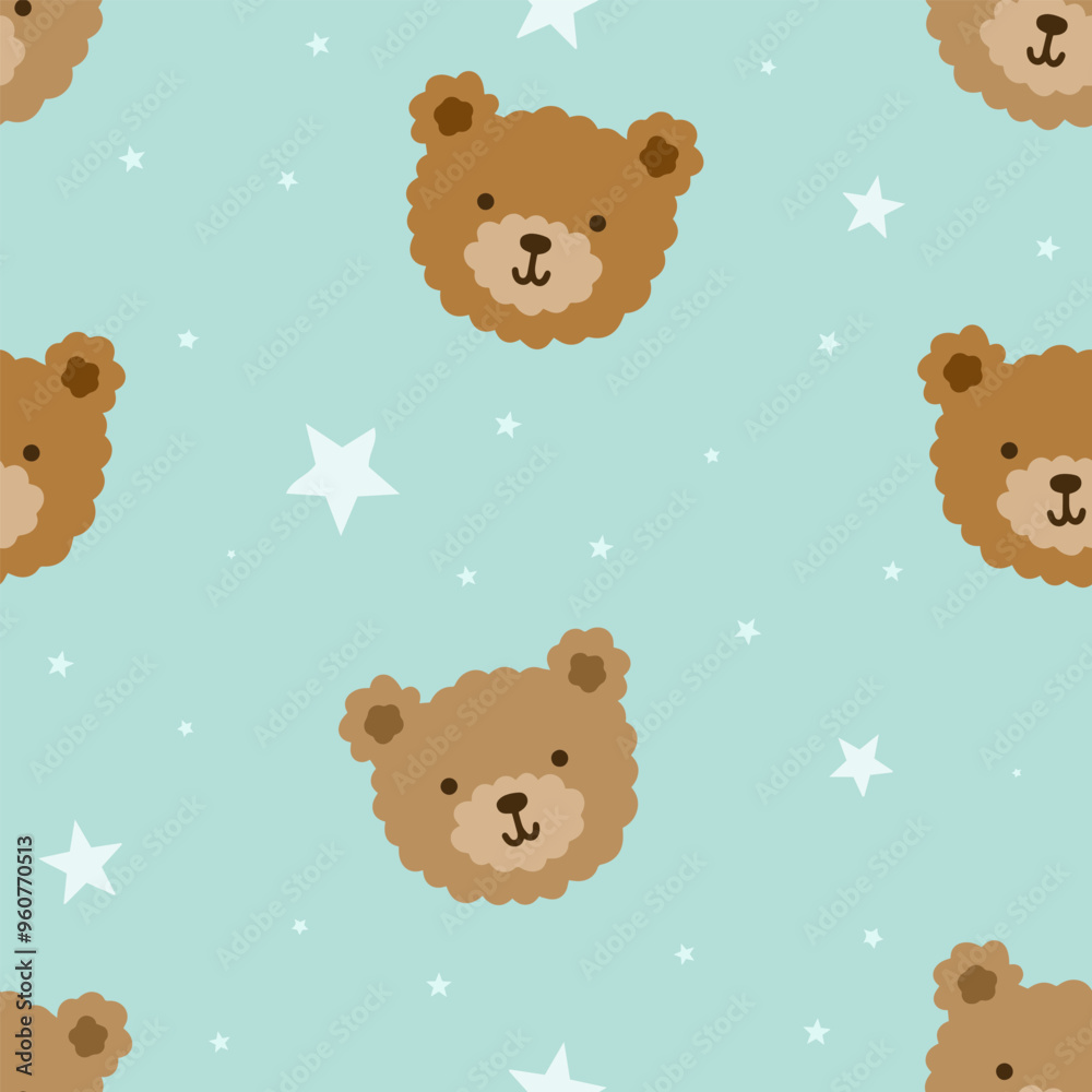 Cute brown teddy bear face with stars in the blue sky, kids seamless ...