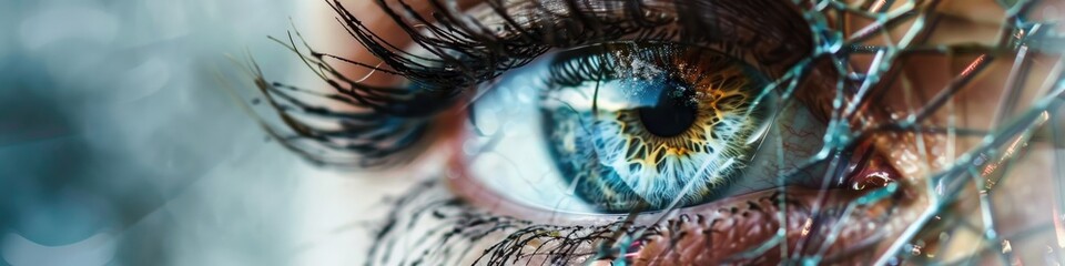 Poster - Double Exposure Image of an Eye Featuring a Shattered Mirror Effect and Distinct Edges