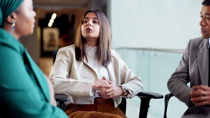 Poster - Conversation, diversity and meeting with business people in office together for collaboration or discussion. Planning, seminar or workshop with man and woman employee team in corporate workplace