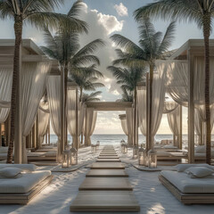 Wall Mural - luxury breezy and blue sky Caribbean resort with white fabric curtains  gazebos , poolside bar  and palm trees 