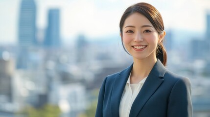 Poster - A Portrait of a Smiling Woman in a Blue Blazer in Front of a Cityscape