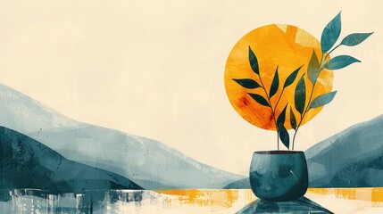 A potted plant standing on a table against a backdrop of mountains and a bright yellow sun.