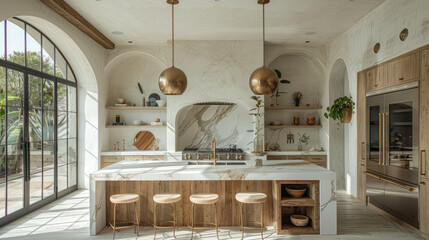 Poster - luxury white neutral home with white marble and copper trim , big door and windows to get all natural light into the kitchen 