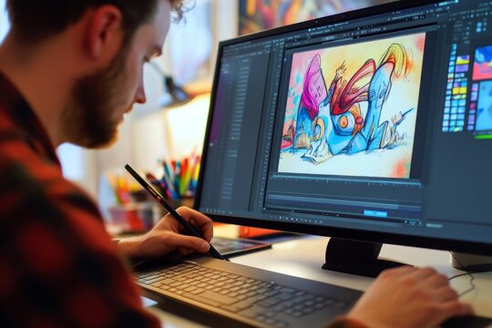 Digital artist creating vibrant cartoon on graphics tablet in modern studio