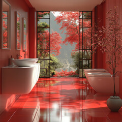 Poster - WHITE AND RED bathroom with window to look out to the foliage red maple trees in the mountain  