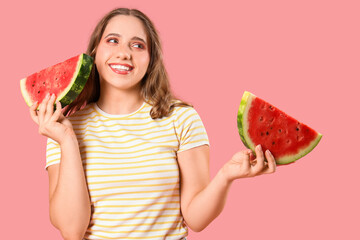 Sticker - Beautiful young happy woman with slices of fresh watermelon on pink background