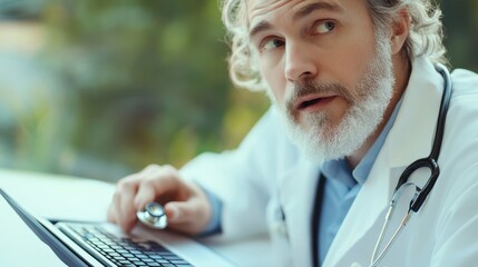 A man in a white lab coat is sitting at a desk with a stethoscope around his nec