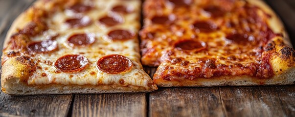 Close-up of two slices of pepperoni pizza on a wooden table.