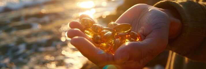 Hand holding fish oil capsules alongside beer, with sunlight illuminating the omega capsules and creating reflections, symbolizing optimal nutrition.