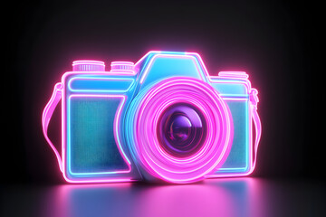 Retro neon blue camera icon isolated on black background.