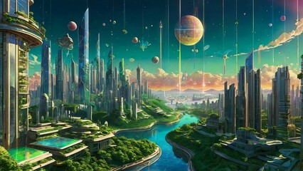 A futuristic city with towering skyscrapers, lush greenery, and a winding river.