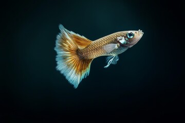 the beside view Metal Guppy Fish, left side view, white copy space on right, Isolated on dark Background