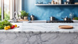 © adynue - The empty white marble table top with blur background of blue kitchen. For product display