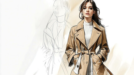 Wall Mural - Fashion illustration of a woman in a tan coat.