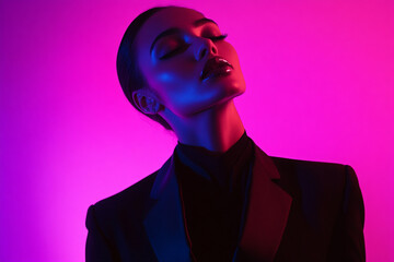 Woman in Classic Black Tuxedo with Solid Neon Purple Accents, Showcased in a Fashionable Lifestyle Portrait