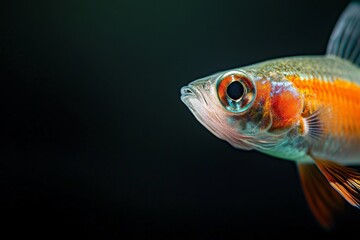 Mystic portrait of Roundtail Guppy Fish, copy space on right side, Close-up View, isolated on black background