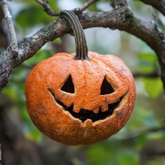 Poster - Jack-o-lantern hanging from a tree branch in an autumn garden