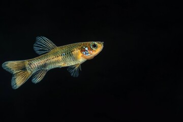 the beside view Roundtail Guppy Fish, left side view, white copy space on right, Isolated on dark Background