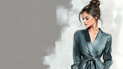 Wall Mural - Elegant woman in a stylish blue robe, looking thoughtful.