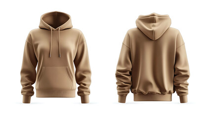 Beige hoodie mockup on white background, front and back view.