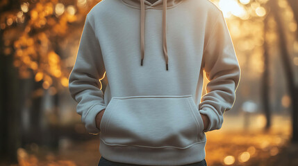 Wall Mural - Close-up of a person wearing a plain white hoodie.