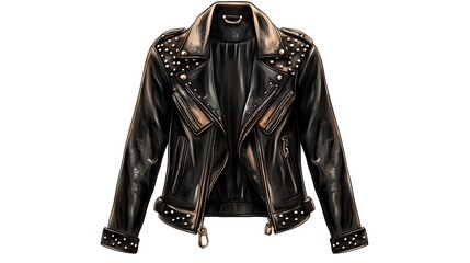 Sticker - Black leather jacket with silver studs and zipper detail.