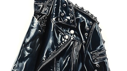 Close-up of a black leather jacket with silver studs and zipper.