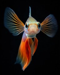 the Delta Tail Guppy Fish, portrait view, white copy space on right, Isolated on black Background