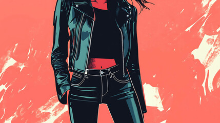 A stylish woman in a black leather jacket and jeans poses against a bright pink background.