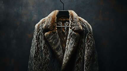 a luxurious fur coat hanging on a black hanger.