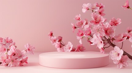 Poster - Mockup featuring pink sakura branch on round podium for eco or organic product promotion.