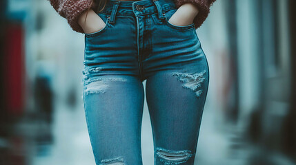 Wall Mural - Close-up of a woman wearing distressed blue jeans.