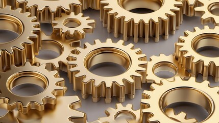 Clockwork gears assembled in a precise pattern, Steampunk, Brass tones, 3D rendering, high detail and shadows