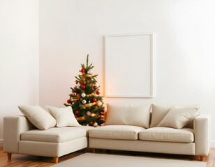 A beige sofa, a Christmas tree, and an empty white frame are present in the living room.