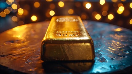 there is a gold bar sitting on a table with a christmas tree in the background