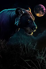 Wall Mural - there is a lion that is standing in the grass with a full moon