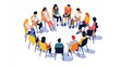 © Katarina - A vibrant illustration showing a group of diverse individuals sitting in a circle engaging in a discussion, emphasizing communication, community, and connection.