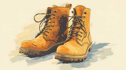 Illustration of two yellow work boots with laces.