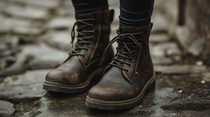 Closeup of a pair of brown leather boots with laces on a stone path.