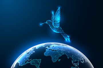 Wall Mural - Colibri flying over planet Earth on dark blue background. Global harmony, environmental conservation