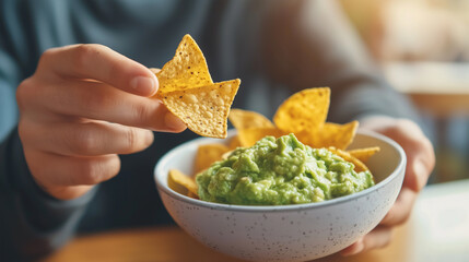 man eating tortilla chips dipped in guacamole, highlighting the social and culinary experience in a restaurant environment. Suitable for visuals emphasizing food enjoyment, casual