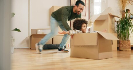 Wall Mural - Father, child and playing in box in new house for investment opportunity and celebration for property relocation. Homeowner, people or excited boy in dream home front door for real estate achievement