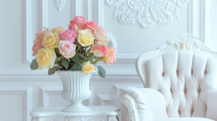 Sticker - Pink and yellow roses in a contemporary white vase next to a traditional armchair on a white table