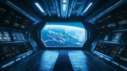 Wall Mural - Dark blue spaceship futuristic interior with window view on space and planets 3d rendering. Space Station. Illustration
