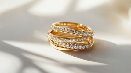 Gold rings set with diamonds set against a white background. Pictures of still life and creative shadows. simplest idea for a collection of stacked diamond rings