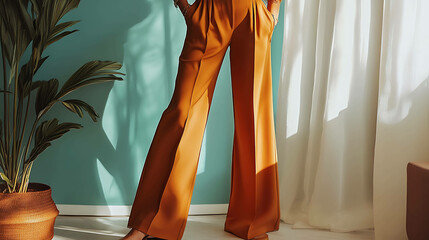 Sticker - Woman wearing stylish orange pants in a sunny room.