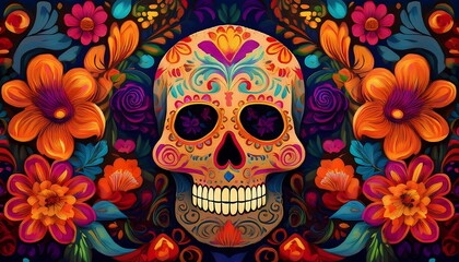 Festive Dia de los Muertos poster in a vibrant, decorative style with intricate patterns and skull. Mexican skull for day of the dead background. Graphic art illustration. Ai generated